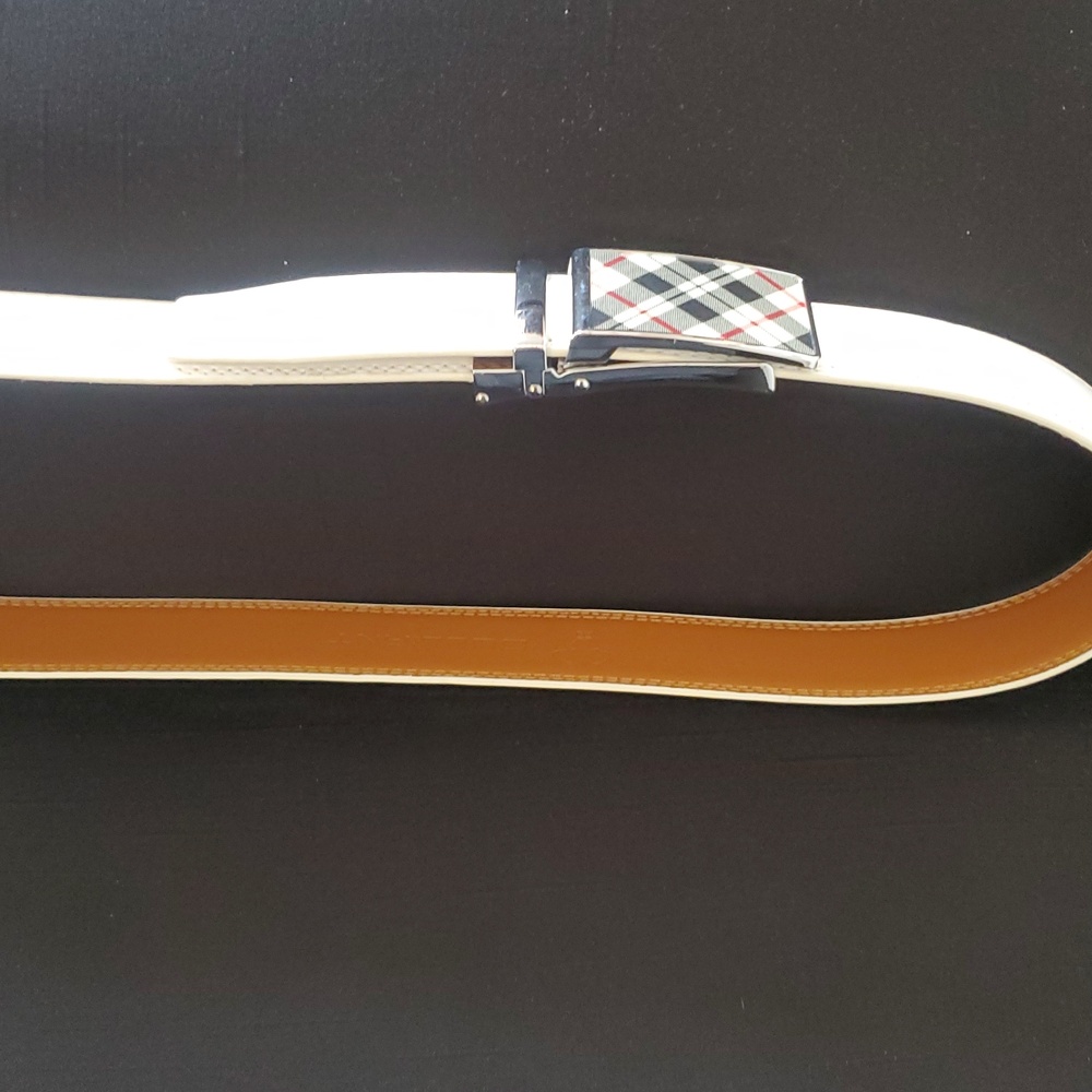 New White Leather men's Belt black/white/red buckle 34" W - Picture 2 of 5